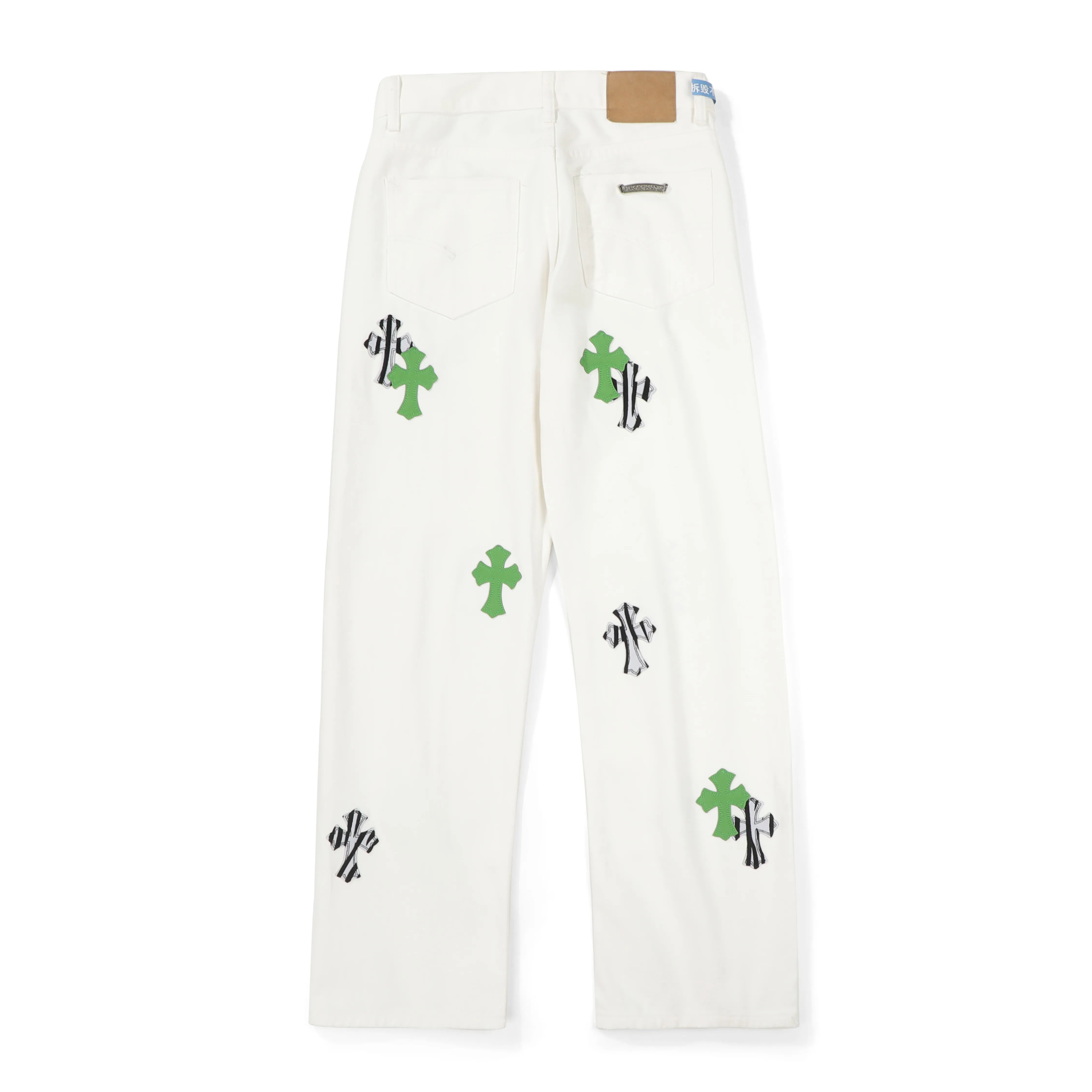P250 Chrome Hearts CH Miami white and green limited edition cross patch leather jeans. Original purchased and printed. Really restores the ultimate texture of Vintage. Special Italian cowhide print and cut. Customized sheepskin three-layer thick line leather. The whole body is spliced in heavy water washing process. Craftsmen hand-splash ink. You can see the details. Three-dimensional cutting version. Loose and comfortable. Not picky on the figure. Makes you taller and slimmer. Factory Seiko. Original quality control. Same style for men and women. Can be matched with couples. Versatile recommendation. Necessary jeans for all seasons Color: white and green Size: S-XL (corresponding to 28-34)